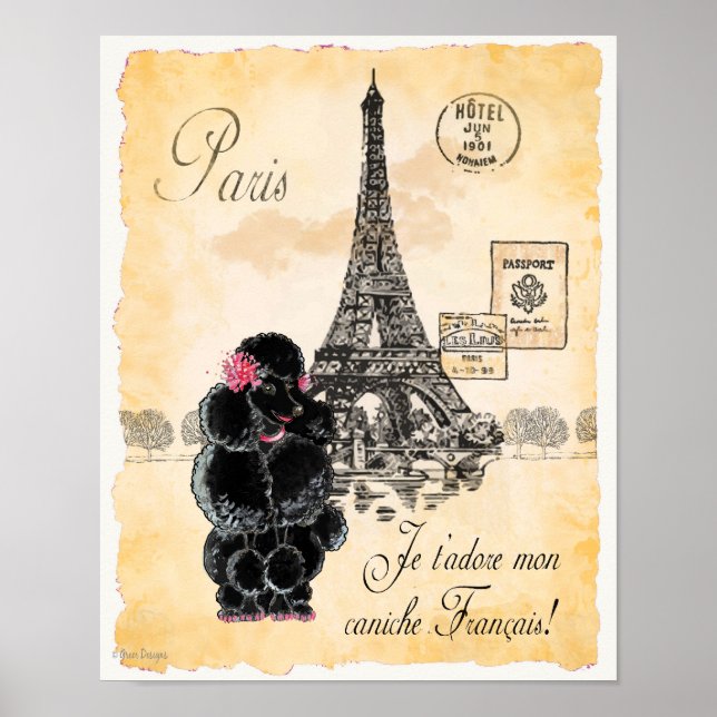 Poster Poodle noir Tour Eiffel Paris Art Imprimer (Devant)