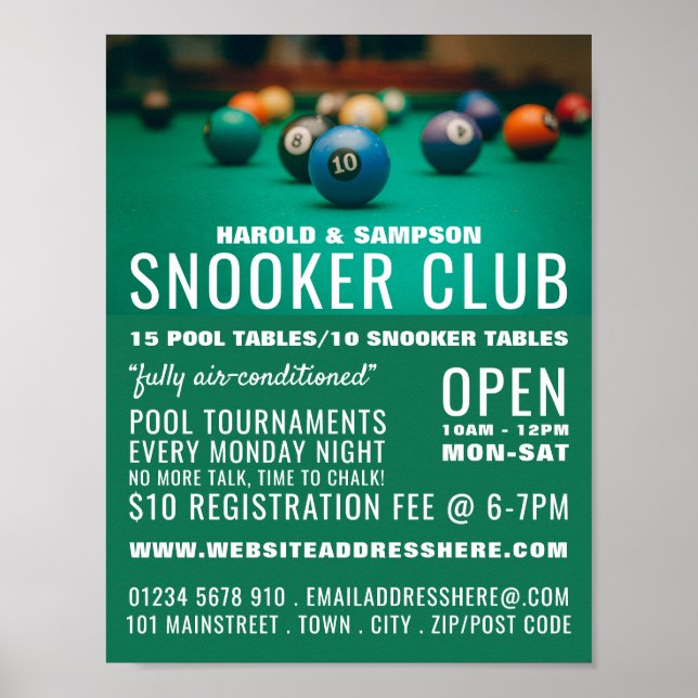 Poster Pool Table, Pool Club, Snooker Club Publicité (Devant)