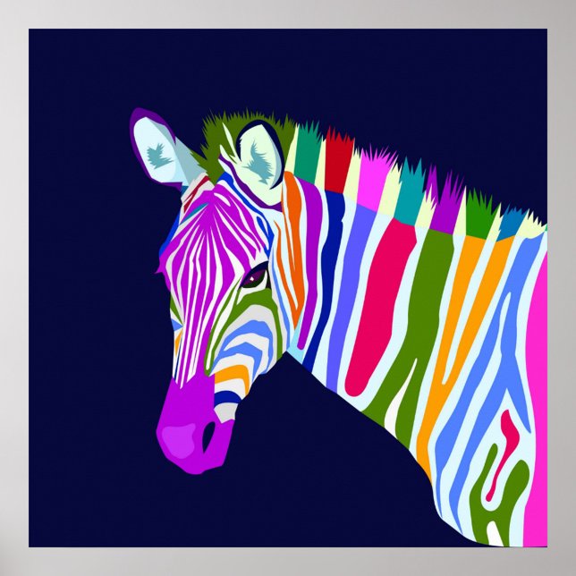 Poster Pop Art Animal (A digital art illustration of a zebra head, set against a dark blue background.)