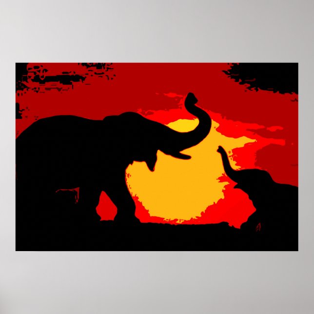 Poster Pop Art Baby & Maman Elephants au coucher du solei (Devant)