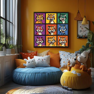 Poster Pop Art Cartographie Tiger Grille Plaisir Mur Art