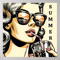Pop Art Comic Livre Jolie Femme Boire Soda