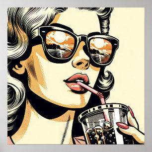 Poster Pop Art Comic Livre Jolie Femme Boire Soda