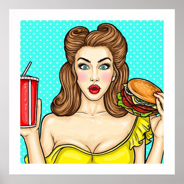 Poster Pop Art Girl with Burger Kitchen 24x24 (Devant)