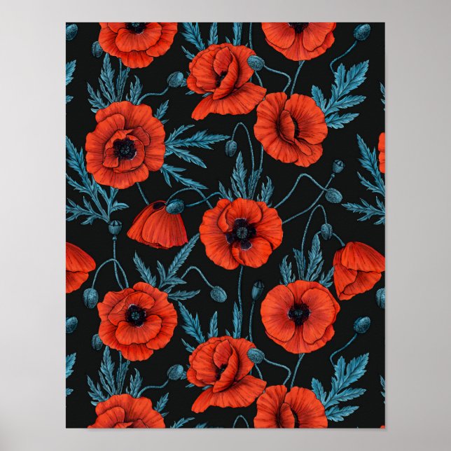 Poster Poppies, rouge et bleu sur noir (Devant)