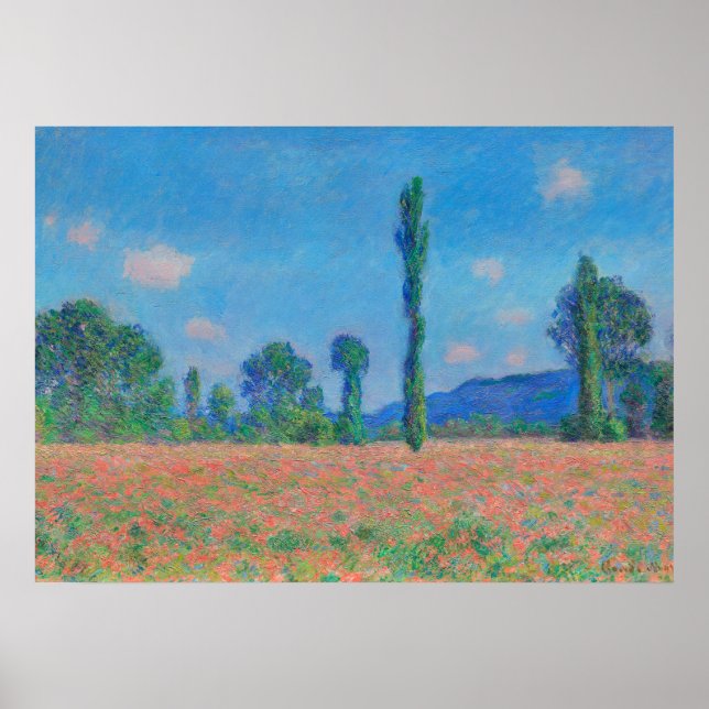 Poster Poppies rouges Ciel bleu par Monet - Champ de pavo (Devant)