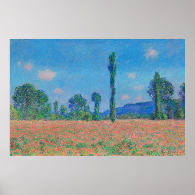 Poster Poppies rouges Ciel bleu par Monet - Champ de pavo (Devant)