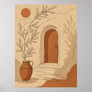 Poster Porte arquée en terre cuite méditerranéenne et bra