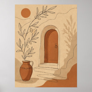 Poster Porte arquée en terre cuite méditerranéenne et bra