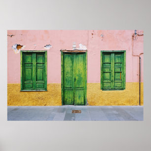 POSTER PORTE EN BOIS VERT SUR MUR EN BÉTON BLANC