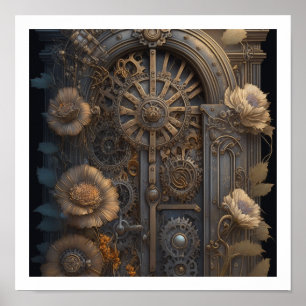 Poster Porte en vapeur avec fleurs