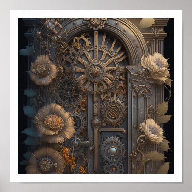 Poster Porte Steampunk avec Fleurs (Devant)