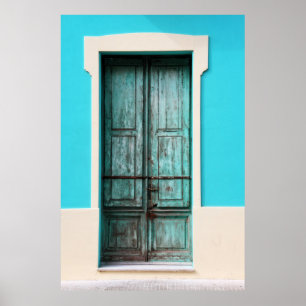 POSTER PORTE TURQUOISE EN BOIS FERMÉE
