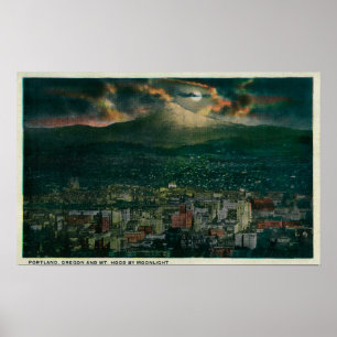 Poster Portland et Mt Hood au clair de lune