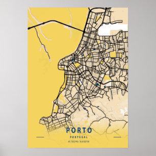 Poster Porto - Portugal Carte de la ville jaune