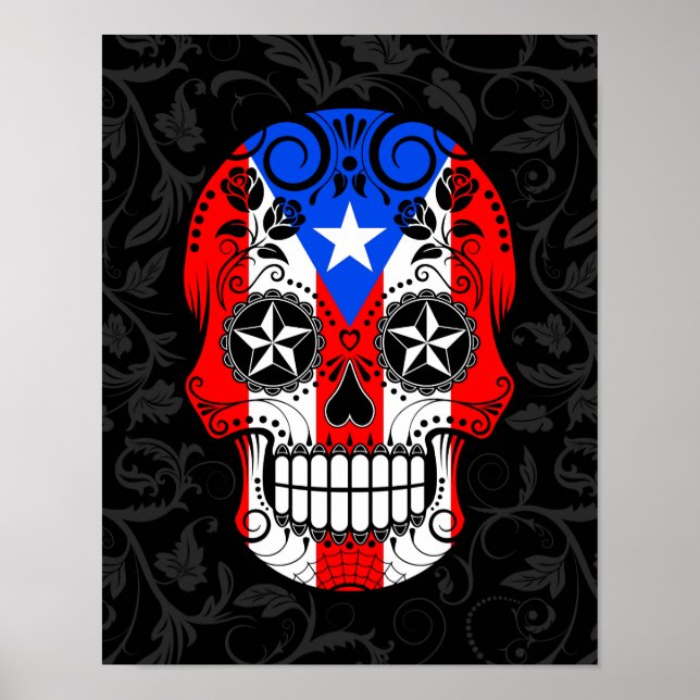 Poster Porto Rico Drapeau crâne à sucre avec Roses (Devant)
