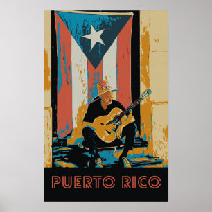 Poster Porto Rico, musicien et drapeau Carte postale