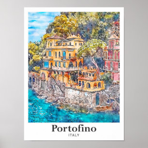 Poster Portofino Italie Voyage Aquarelle main tirée