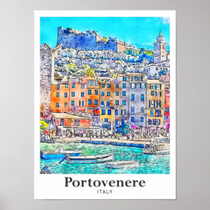 Poster Portovenere Italie Voyage Aquarelle main tirée
