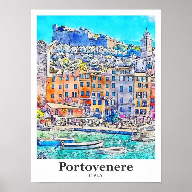 Poster Portovenere Italie Voyage Aquarelle main tirée (Devant)