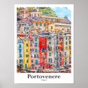 Poster Portovenere Italie Voyage Aquarelle main tirée
