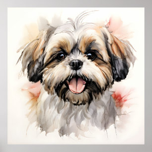 Poster Portrait à l'encre d'un chiot Shih-tzu heureux
