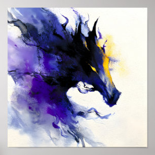 Poster Portrait abstrait de cheval noir à l'aquarelle