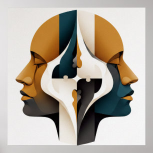Poster Portrait Abstrait Symétrique en Ocre et Ardoise