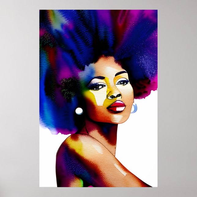 Poster Portrait Afro Noir femme Afro Aquarelle IV (Devant)