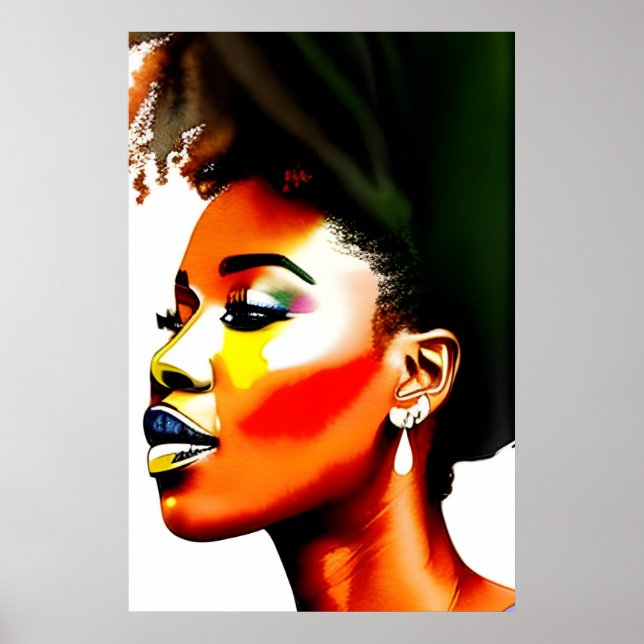 Poster Portrait Afro Noir Femme Aquarelle I (Devant)