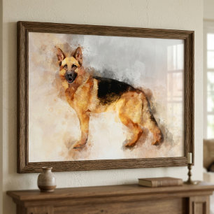 Poster Portrait aquarelle de berger allemand 02