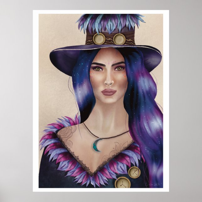 Poster Portrait aquarelle d'une femme inspirée du Steampu (Devant)