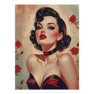 Poster Portrait Brunette Pin Up Red Roses
