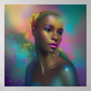 Poster Portrait coloré papillon bleu rose violet fille