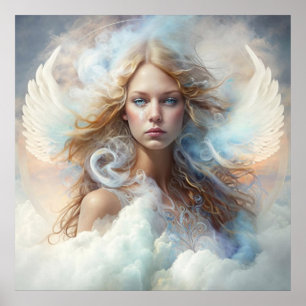 Poster Portrait d'ange blond aux ailes blanches et aux nu