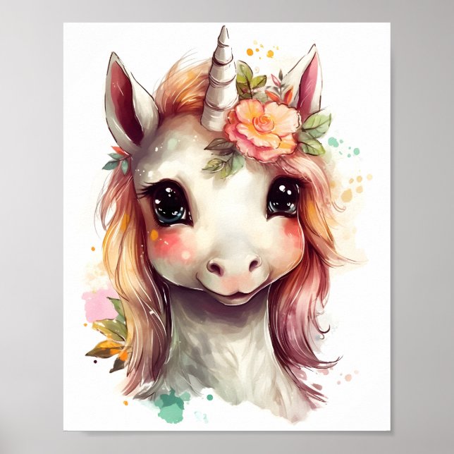 Poster Portrait D'Aquarelle Cute Unicorn Avec Fleurs (Devant)
