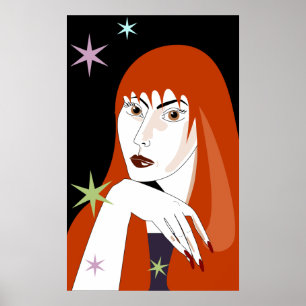 Poster Portrait d'art de femme rousse rétro à la mode