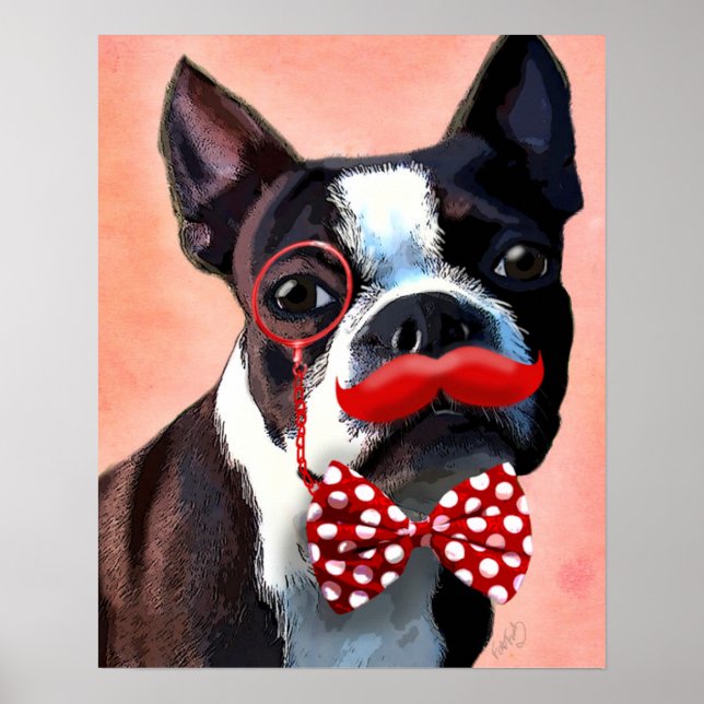 Poster Portrait de Boston Terrier avec Cravate Red Bow (Devant)
