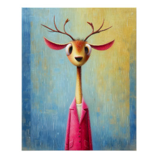 Poster Portrait de cerf - manteau rose - dessin animé 
