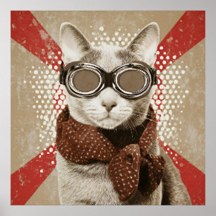 Poster Portrait de chat au foulard et aux lunettes rétro