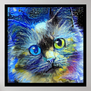 Poster Portrait de chat impressionniste bleu jaune noir