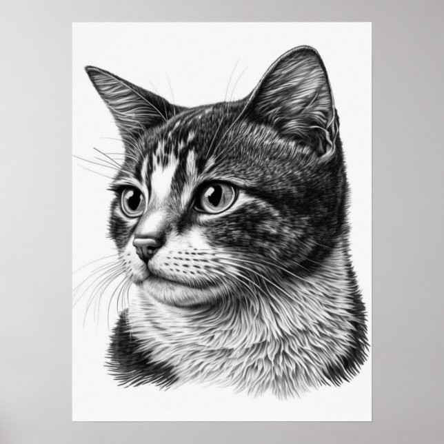 Poster Portrait de chat noir et blanc monochrome (Devant)