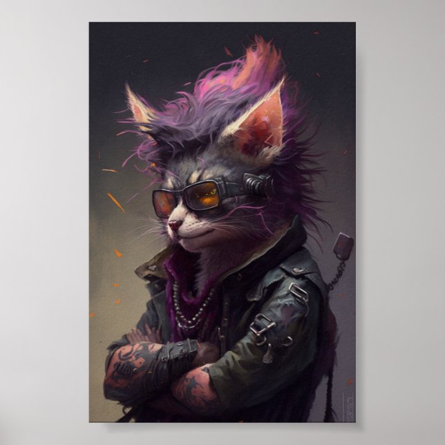 Poster Portrait de chat Punk Rock, Illustration de chat,  (Devant)