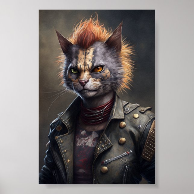 Poster Portrait de chat Punk Rock, Illustration de chat a (Devant)