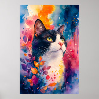 Poster Portrait de chat smoking à l'aquarelle couleurs vi