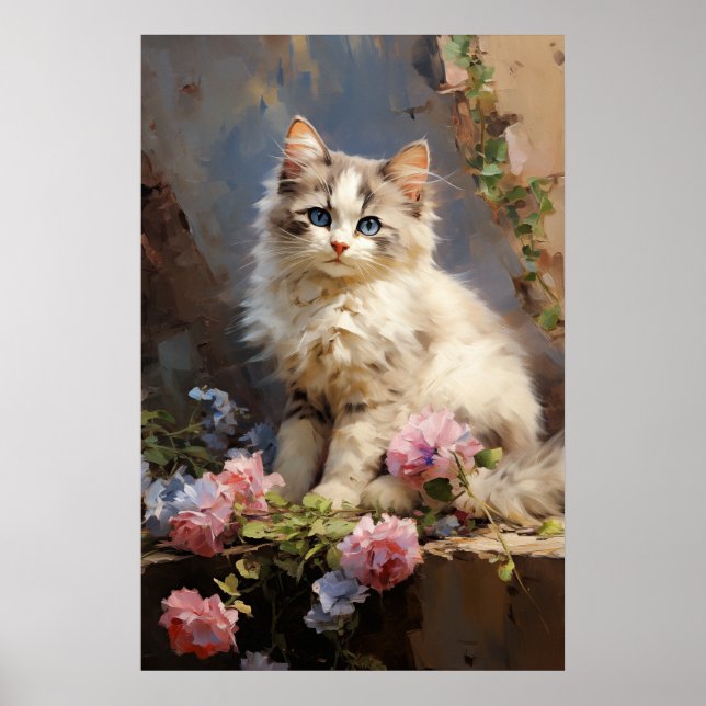 Poster Portrait de chaton Ragdoll avec fleurs (Devant)