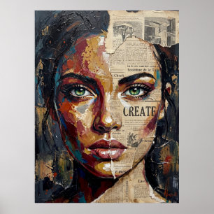 Poster Portrait de femme abstrait aux techniques mixtes s