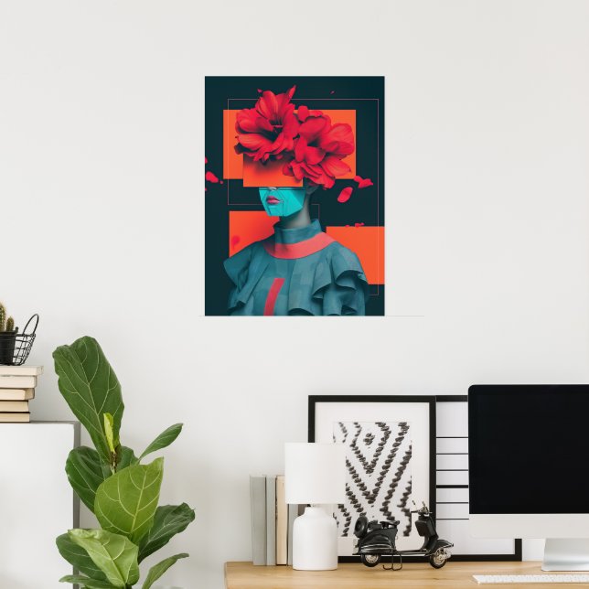 Poster Portrait de femme abstrait moderne avec fleurs (Bureau à domicile)