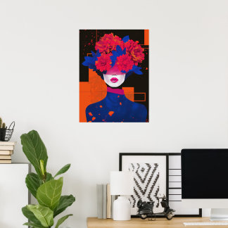 Poster Portrait de femme abstrait moderne avec fleurs