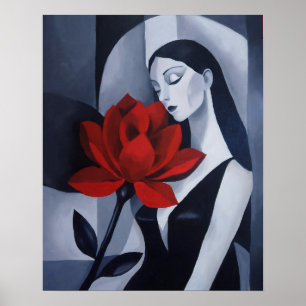 Poster Portrait de femme d'art moderne avec rose rouge Fl
